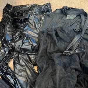 set of two pairs of PVC/ faux leather pants and a lace up pvc/tulle dress